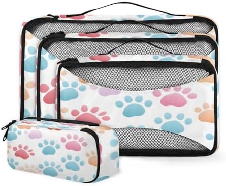 Dog Paw Print 4 Set Packing Cubes Luggage Organizer Bags for Travel Accessories and Essentials, Cute Animal Dog Paw Print