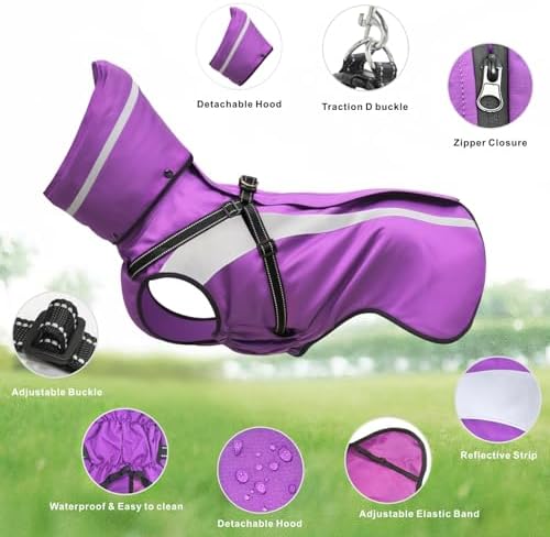 Dog Raincoat Waterproof Raincoats for Dog Reflective Dogs Rain Jackets with Hood Hoodie Pet Rain Poncho Coat for Small Medium Large Dogs Puppies S-XXL (Purple, L)