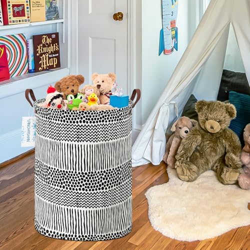 Round Laundry Basket Collapsible Storage Hamper Organizer Black Line | Waterproof Canvas Foldable Baskets with sturdy Handles Multi-scene Organizer for Home Play Bedroom Gift Bin