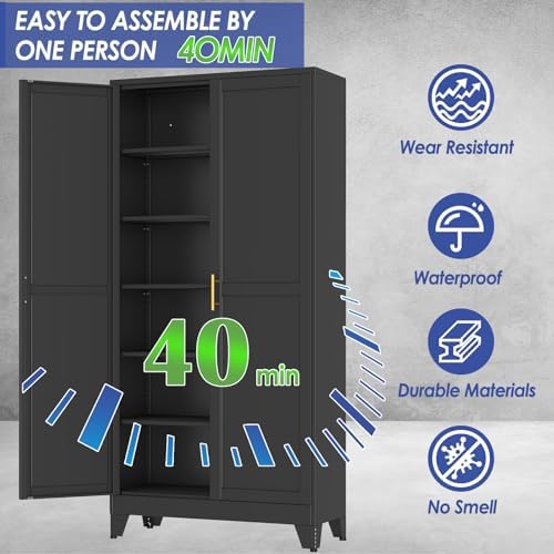 75" Metal Garage Storage Cabinet with 2 Doors and 5 Adjustable Shelves,Metal Storage Cabinets,Steel Tool Cabinets for Home,Office,Garage,Warehouse (Black, 75''H x 36''W x 18''D)