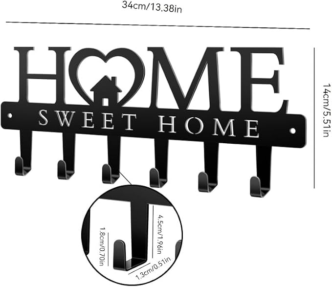 Wide-Spaced Home Sweet Home Key Holder Wall Mount, 6 Hook Rust-Proof Key Rack with House & Heart Decor, 13.5 Inch Entryway Organizer for Front Door, Kitchen, Pratical Family & Housewarming Gift