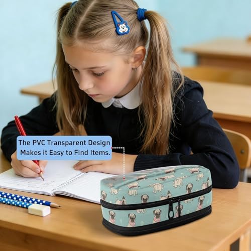 Cute Pets Pug Teal print Large Capacity Pencil Case with Zipper Water Resistant Portable Organizer Pen Bag for School Office Students