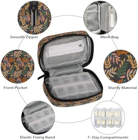 Pill Organizer Box Flowers Colorful Leaves 7-Day Weekly Medicine Pill Case Travel Pill Container Portable Pill Holder Storage Purse Bag Small Compact Size for Vitamin Supplement Birth Control