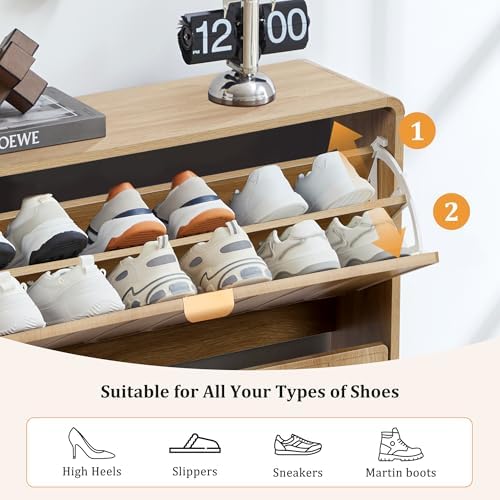 Shoe Storage Cabinet for Entryway with 2 Flip Drawers, Freestanding Narrow Wood Shoe Cabinet with Wave Panel, Hidden Shoe Organizer for Foyer, Hallway (Natural)