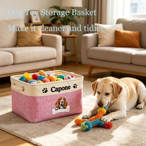 Personalized Fabric Dog Toy Storage Basket with Lovely Dog Yorkie Collapsible Sturdy Fabric Bone Pet Toys Storage Bin Cube with Handles for Organizing, Grey and White