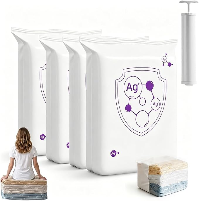 No‑Pump Vacuum Storage Bags, 2026 New Large Vacuum Storage Compression Bags, Reusable Vacuum Seal Bags for Clothing Travel, Space Saver Bags for Clothes, Blankets & Bedding (4Pcs/M:31.5*22*12.6in)
