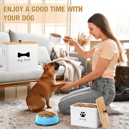 Newtay 2Pcs Extra Large Metal Dog Food Containers Airtight 12 & 3.5 Lbs Dog Treat Snack Jars Set of 2 with Bamboo Lids and Spoons Farmhouse Big Pet Cookie Storage Jars for Kitchen Counter Gift (White)