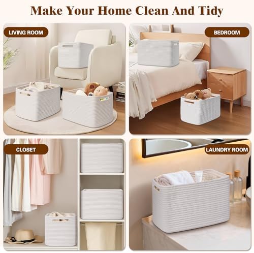 Storage Baskets for Organizing, 4 Pack Baskets for Shelves, Decorative Storage Bins for Shelves, Cotton Rope Storage Basket with Handles, Woven Basket for Storage, 13''Lx8.7''Wx7.9''H, White