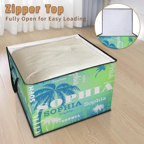 Personalized Name Large Storage Basket with Lid, Canvas Storage Bins Quilt Clothes Organizer for Bedroom, Kitchen, Bathroom, Nursery, Shelves, Closets, Blue White Trees Gradient Lime Yellow Blue