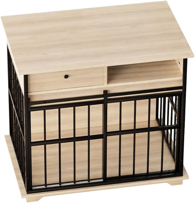Dog Crate Furniture with Storage Drawer and Side Compartment for Indoor Living Rooms, Home Offices, and Outdoor Patios