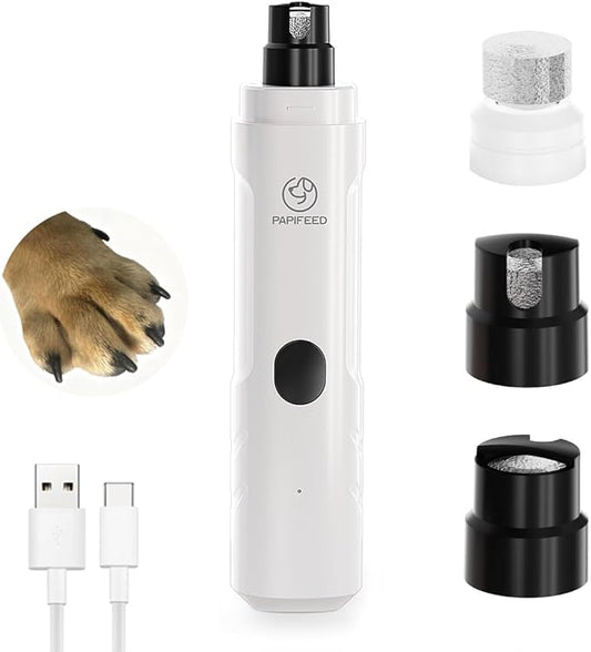 PAPIFEED Dog Nail Grinder with LED Light, Ultra Quiet 3-Speed Electric Nail File for Small Medium Large Dogs & Cats, Rechargeable Pet Nail Grinder with Trimmer (White)