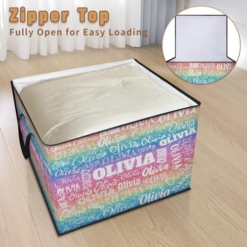 Personalized Name Large Storage Basket with Lid, Bling Bling Colorful Glittering Canvas Storage Bins Quilt Clothes Organizer for Bedroom, Kitchen, Bathroom, Nursery, Shelves, Closets
