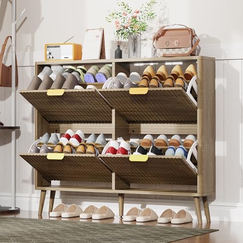 KIGOTY Narrow Shoe Storage Cabinet, Shoe Cabinet with 4 Flip Drawers, Freestanding Shoe Organizer with Legs for Entryway, Slim Shoe Rack Cabinet for Enterway (Yellow, 4 Flip Drawer)
