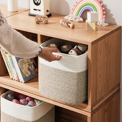 joybest 13inch Cube Storage Bins, Cotton Rope Woven Organizer Basket | Set of 4 Cube Bin Square Shelves Organizer Closet Storage, Nursery, Toy Organization, Brown&White