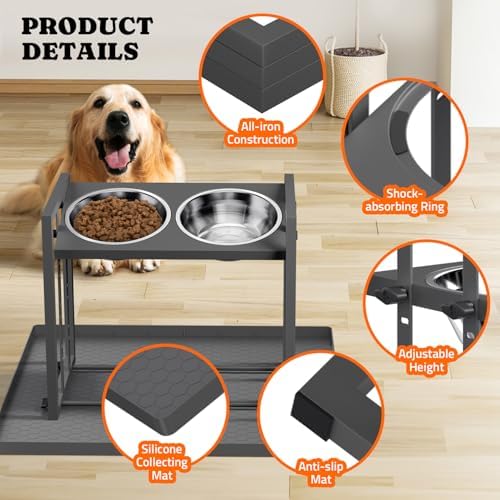 Pawtners Elevated Dog Bowl for Medium Breed, Adjustable Feeder with Mat
