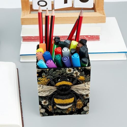 Cute Bee Pen Holder for Desk Decor, Rectangular PVC Leather Pencil Cup for Desk Pen Organizer, Makeup Brush Holder for School, Home, Office