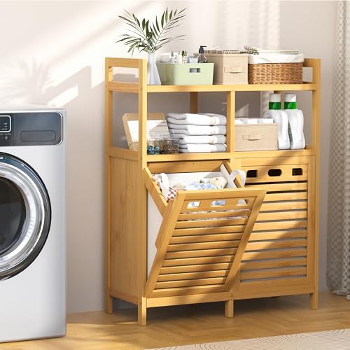 VASMIA Tilt Out Laundry Hamper Cabinet, Bamboo Double Laundry Hamper with 2 Removable Laundry Baskets, 20 Gal Laundry Sorter Organizer with Shelf for Dirty Clothes, Bathroom, Laundry Room, Natural