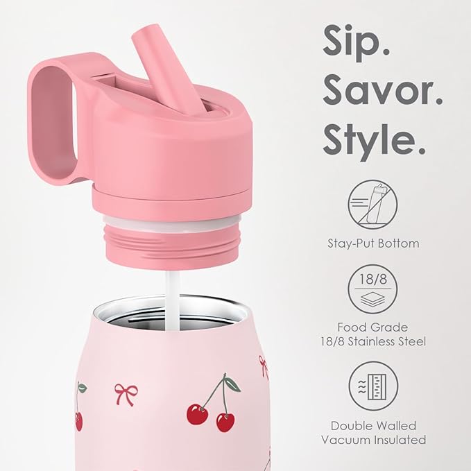 Cherry Water Bottle with Twist Lid Insulated Stainless Steel 20oz, Travel Water Bottles for Sports & Gym, Gift for Women Girfriend Birthday Christmas