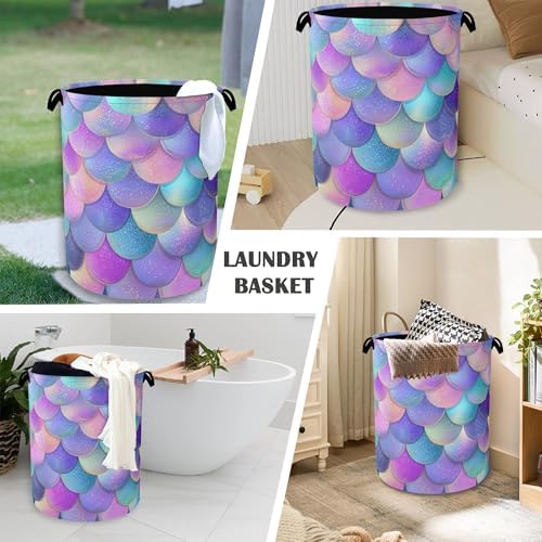 Glitter Fish Scales Laundry Hamper,Mermaids Dirty Clothes Laundry Basket with Handles Waterproof Oxford Cloth Storage Basket for College Dorms Bathroom Bedroom 16" x 20.8"