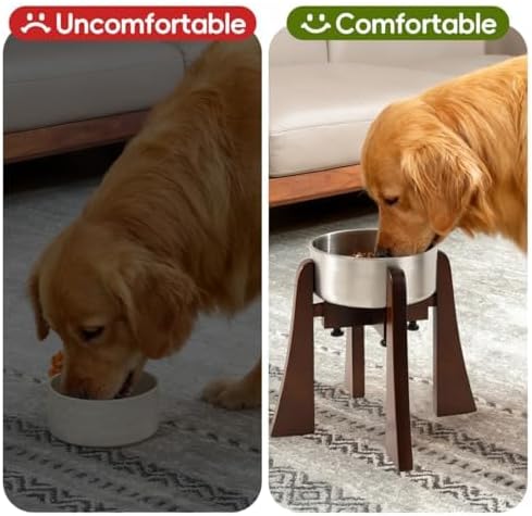 Solid Wood Elevated Dog Bowl Stand Set with Stainless Steel Bowl, 10-Inch | Raised Feeder with Adjustable Width Fits 6.3-7.8 Inch Dog Food Water Bowls, Non-Slip Base for Medium and Senior Dogs