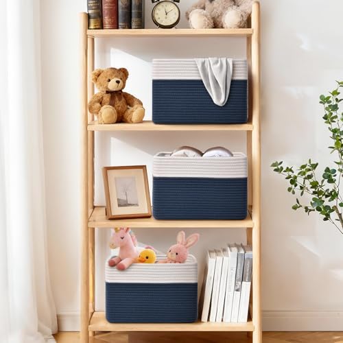 Storage Baskets for Organizing, 4 Pack Baskets for Shelves, Decorative Storage Bins for Shelves, Cotton Rope Storage Basket with Handles, Woven Basket for Storage, 13''Lx8.7''Wx7.9''H, White & Blue
