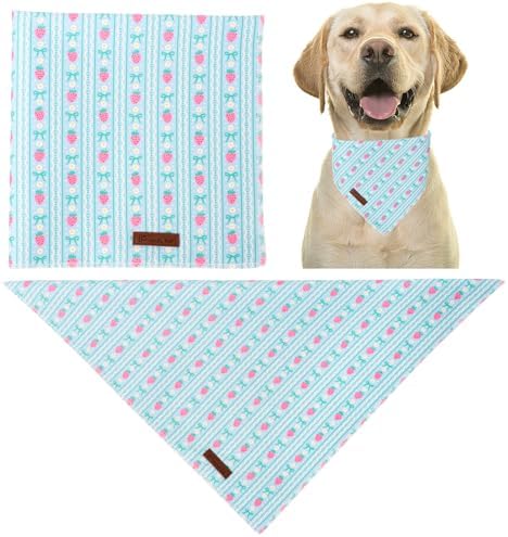 Summer Dog Bandana, UP URARA PUP Strawberry and Bowknot Triangle Bid Scarf for Medium Large Dogs, Cotton Kerchief for Girl Boy Puppies, Cute Spring FloralBandana,S