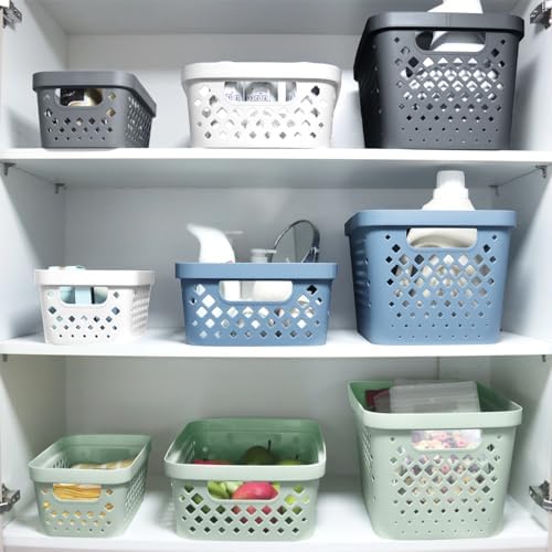 Glad Plastic Baskets for Organizing | Pantry Storage for Under Counter, Linen Closet, and Bathroom | Nesting Shelf Bins with Handles, 1 Gallon, Grey