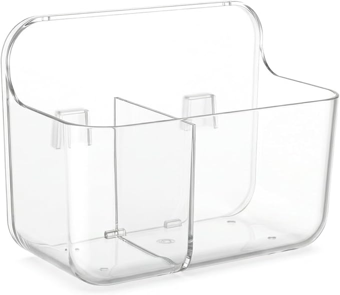 Adhesive Wall Organizer Bin, 2 Compartments, No-Drill, Clear | BPA-Free PET, Detachable, Divided Storage for Easy Sorting and Wet and Dry Separation, Drain Holes in Both Sections