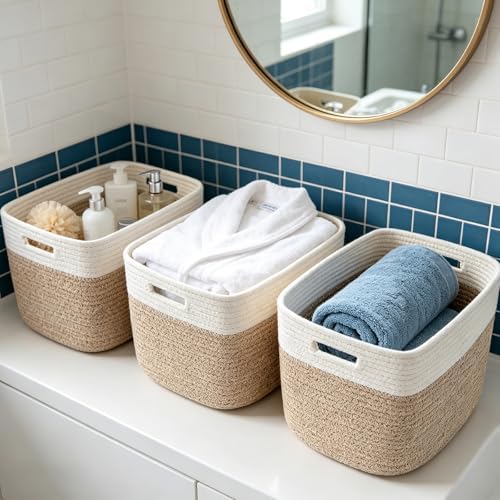 3 Pack Woven Baskets,Storage Baskets for Shelves with Handles | 13.5"×11"×9.5" Closet Baskets, Nursery Organizer for Toys Towels Books, Storage Bin for Living Room Bedroom (White&Brown)