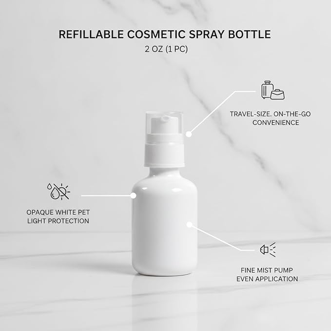 Refillable Cosmetic Spray Bottles, Opaque White PET for Skincare, Travel-Size Dispenser for Toners and Serums, 2 oz (1 PC)
