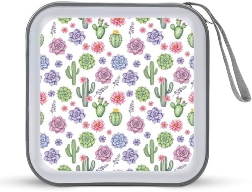 40-Disc CD/DVD Protective Case Floral Flowers Succulent Cactus, Hard Plastic Binder with Zipper, Portable Storage Organizer for Travel Office