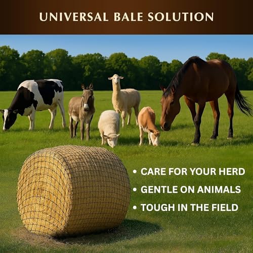 5x5 ft Round Bale Hay Net for Horses – 2 Inch Hole Slow Feeder – 4x4 and 6x6 Sizes Also Available – Knotless Mesh Design – Easy to Put On Over Bales – Built for Everyday Horse Feeding