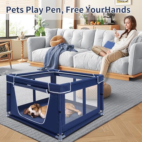 Puppy Playpen Indoor for Dog Small Pets, Dog Playpen 42x42x25 Inch, Dog Play Pen with Gate for Outdoor and Indoor, Oxford Fabric Pet Playpen for Puppy, Anti-Tipping Dog Enclosure with Zipper Door