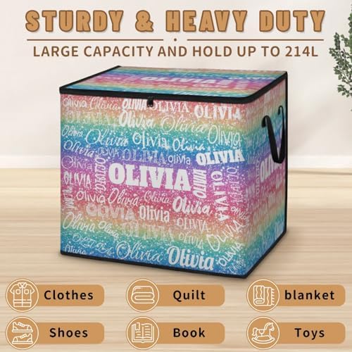 Personalized Name Large Storage Basket with Lid, Bling Bling Colorful Glittering Canvas Storage Bins Quilt Clothes Organizer for Bedroom, Kitchen, Bathroom, Nursery, Shelves, Closets