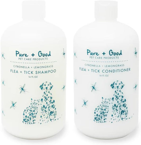Pure + Good - Shampoo and Conditioner Set, Formulated for All Pets, Gentle and Cleansing, Made in The USA, Cruelty Free, 16 fl oz (Flea + Tick)