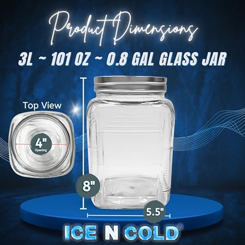 ICE N COLD 3-Liter Glass Storage Jar – 0.79 Gallon, 101 Oz, with Brushed Aluminum Lid (1)