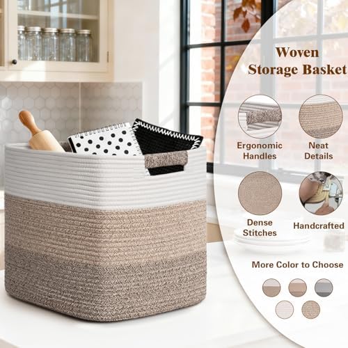 15×13 Inch Storage Cubes, 3 Pack Cube Storage Bins for Organizing, Cotton Rope Woven Baskets for Shelves, Bathroom, Kids Room, Closets, Baby Nursery