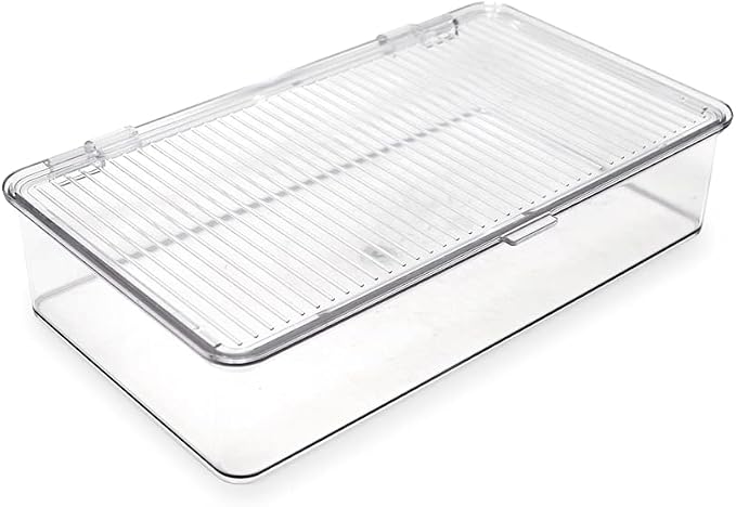 Isaac Jacobs Small Stackable Organizer Bin (10.75” x 6.5” x 2.4”) | With Hinged Lid, Clear Storage Box Home Office School Fridge Bathroom Kitchen Pantry Container BPAFree Food Safe