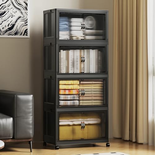 SAILUN 260Qt Stackable Storage Bins,Storage Cabinet with a Lid,4 Pack Black