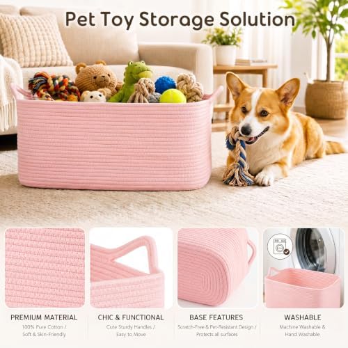 OIASKET Large Empty Cotton Rope Gift Basket with Handles, 16.5"x12.6"x7" Decorative Woven Storage Basket with Gift Bag and Ribbon Set for Baby Shower, Toy Organizer for Kids, Dogs & Cats - Pink