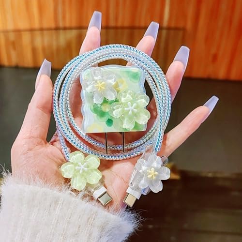 Cute Flower Cable Protector for iPhone iPad 18W/20W Charger Cover,Elegant 3D Floral Charger Cord Protector,Data Line Wire Saver,DIY Charging Cord Protector for iPhone 12 13 14 15 16 Plus Pro Max-Green