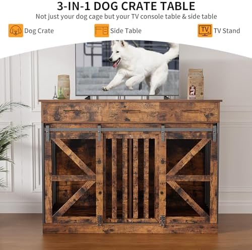 kepptory 48 Inch Large Dog Crate Furniture with 3 Storage Drawers, Wooden Pet Kennel with Removable Divider, Dog Kennel End Table TV Stand, Farmhouse Style Dog Crates with Sliding Barn Door (Brown)