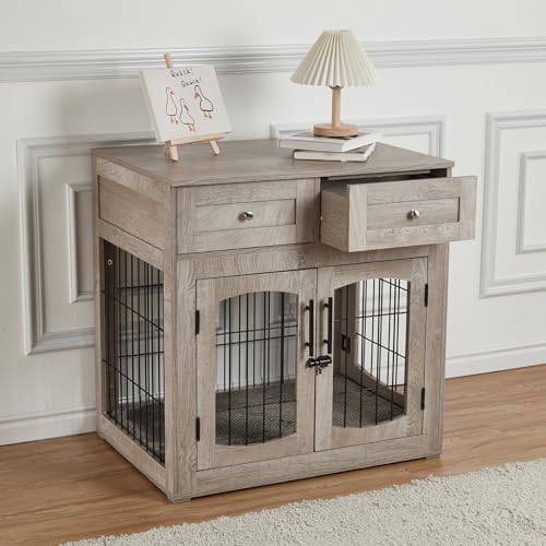 40'' Wooden Dog Crate Furniture, Farmhouse Dog Kennel Indoor Furniture Style Dogs Crate Table with 2 Drawers for Small, Medium & Large Dogs Grey