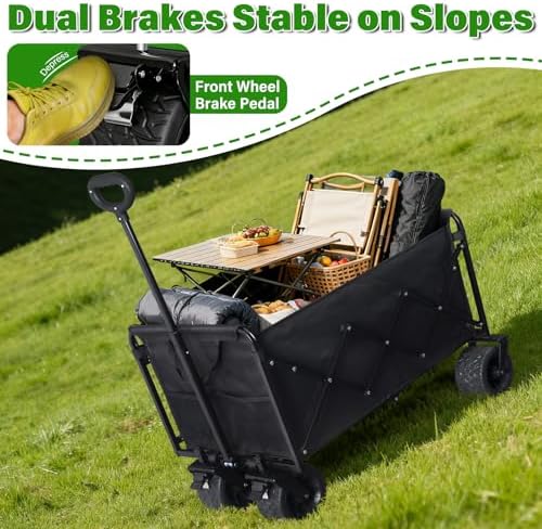 Folding Wagon Cart with All-Terrain Wheels – Heavy Duty Collapsible Utility Wagon for Grocery, Sports, Garden, Camping, Shopping (Black 600LBS)