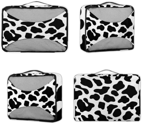 Cow Print 4 Set Packing Cubes Luggage Organizer Bags for Travel Accessories and Essentials, Black Cow Print