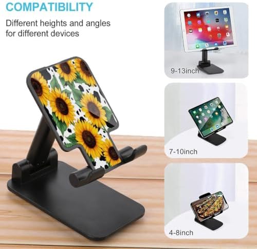 Folding 80s Vintage Sunflower Cow Print Mobile Stand with Anti Slip Base | Convenient Charging Port, Lightweight, Cell Phone Holder, Desk Accessories, Travel Office