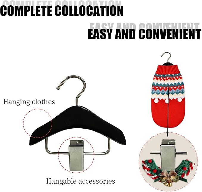 MIUPOO Mini Hanger,Pet Apparel Hangers,Cat Clothes Small Wooden Hangers with Anti Slip Clip, Pet Clothes Hanger,Dog Clothing Display Hanger,Hat Tie Wig Storage Rack,Black,2 Pack.