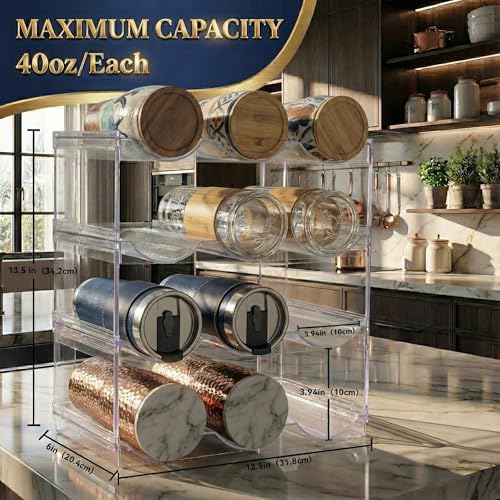 Stackable Water Bottle Organizer for Cabinet, Plastic Bottle Holder Designed for Starbucks Studded Tumblers up to 40oz, Plastic Cup Holder&Wine Rack for Pantry,Cupboard- 4 Layers Hold 12 Bottles