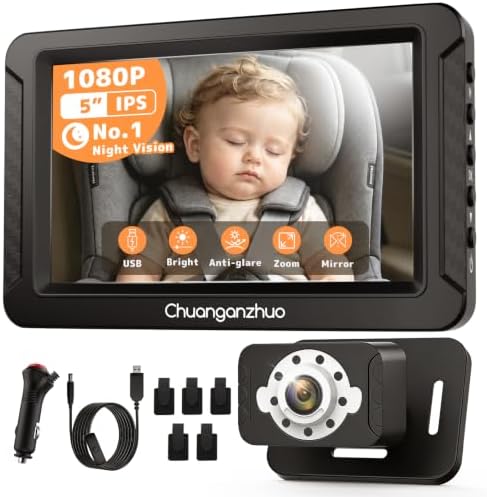 S100C Baby Car Camera USB Powered, Crystal Clear Auto IR Night Vision in Total Dark, Adjust Brightness & 1080P 5" IPS Monitor, 3X Zoom & 360° Rotating Backseat Camera for Rear or Forward-Facing Infant