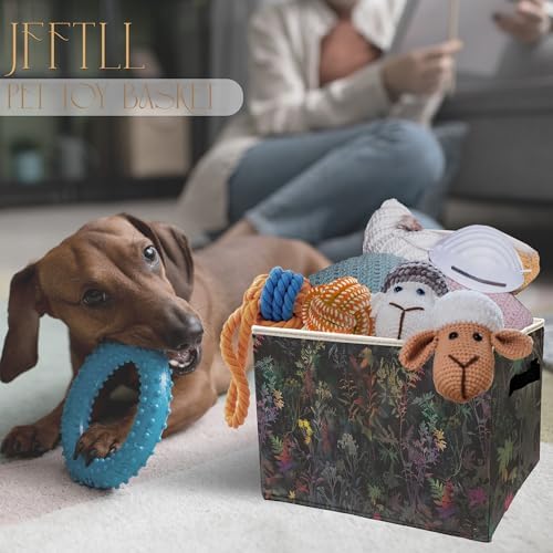 Dark Botanical Floral Storage Bins with Handles, Cottagecore Colorful Wild Flower Leaf Collapsible Laundry Basket Storage Box for Home Bedroom Bathroom Clothes Toys Books